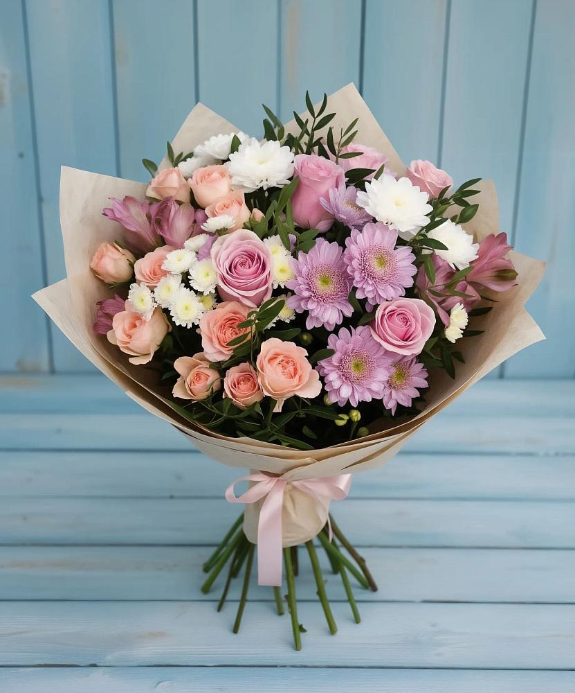 Букет цветов из: Хризантемы, Розы и Альстромерии в Малышево