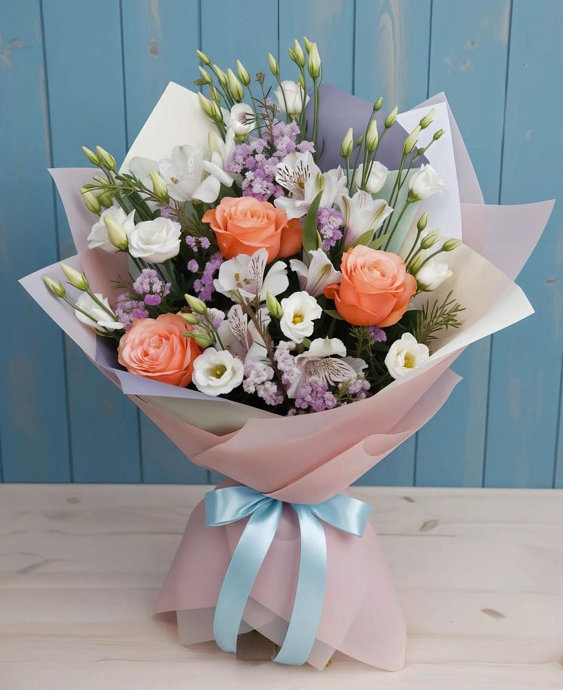 Букет цветов из: Лизиантусы, Розы, Альстромерии и Гипсофила в Малышево