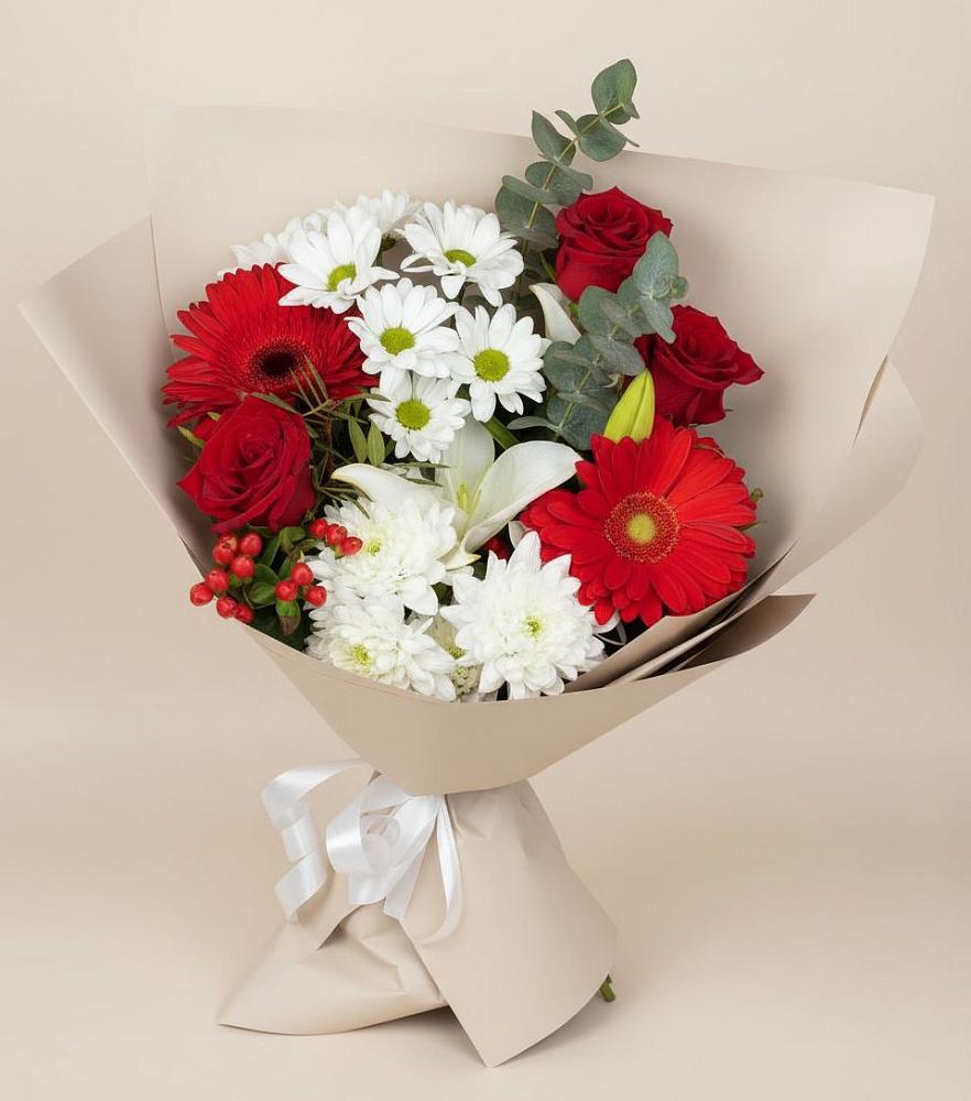 Букет цветов из: Розы, Хризантемы, Герберы и Лилии в Малышево
