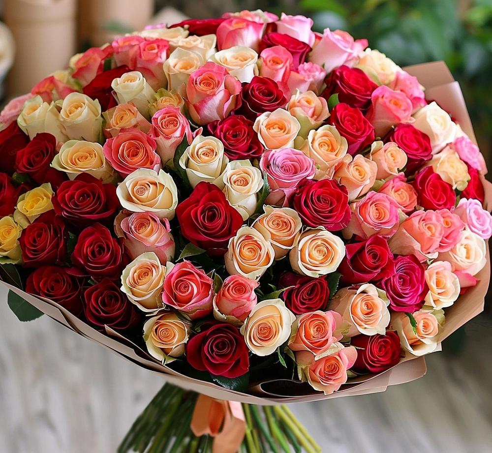 Букет 101 Разноцветная роза в Малышево