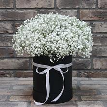 Цветочная композиция из Гипсофила в шляпной коробке в Малышево